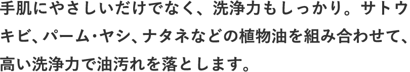 手肌にやさしいだけでなく、洗浄力もしっかり。サトウキビ、パーム・ヤシ、ナタネなどの植物油を組み合わせて、高い洗浄力で油汚れを落とします。